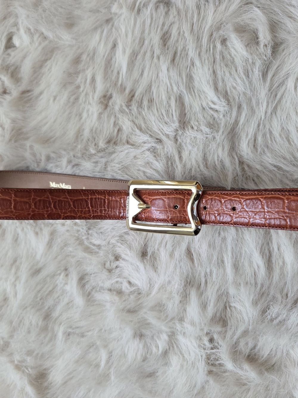 Max Mara Men's Brown Croc-Embossed Leather Belt with Gold Buckle